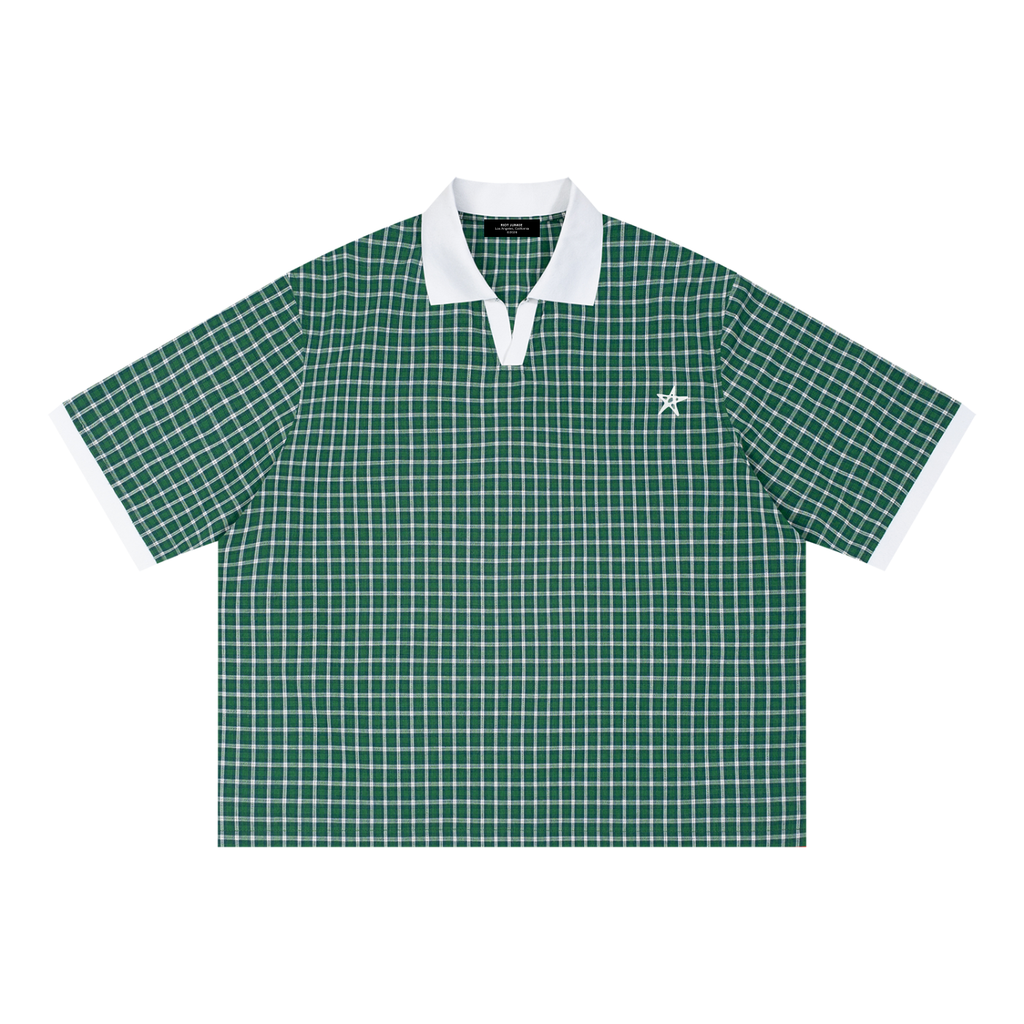 Unisex Boxy Plaid Color Block Polo Shirt