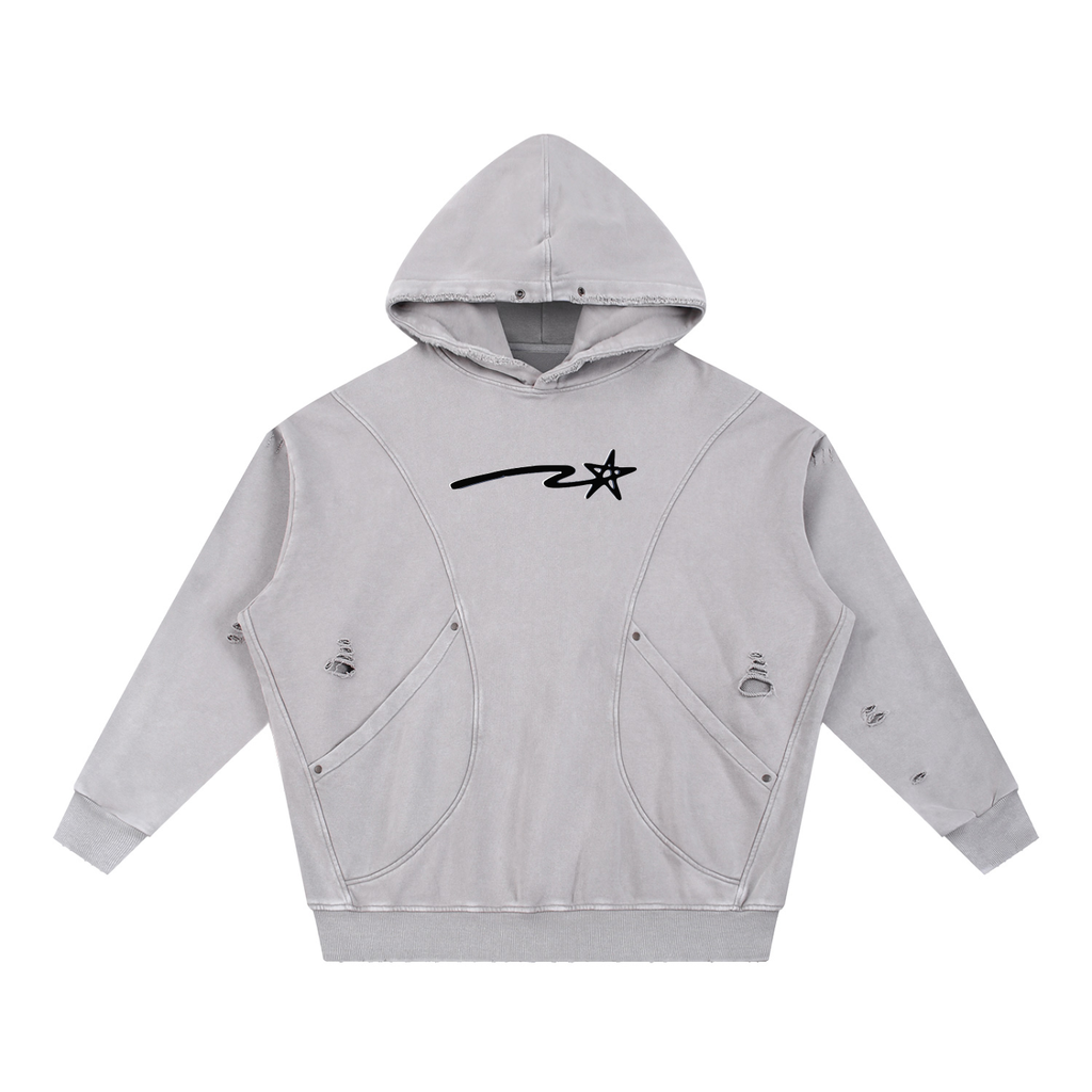 Snow Washed Distressed Panel Pocket Hoodie