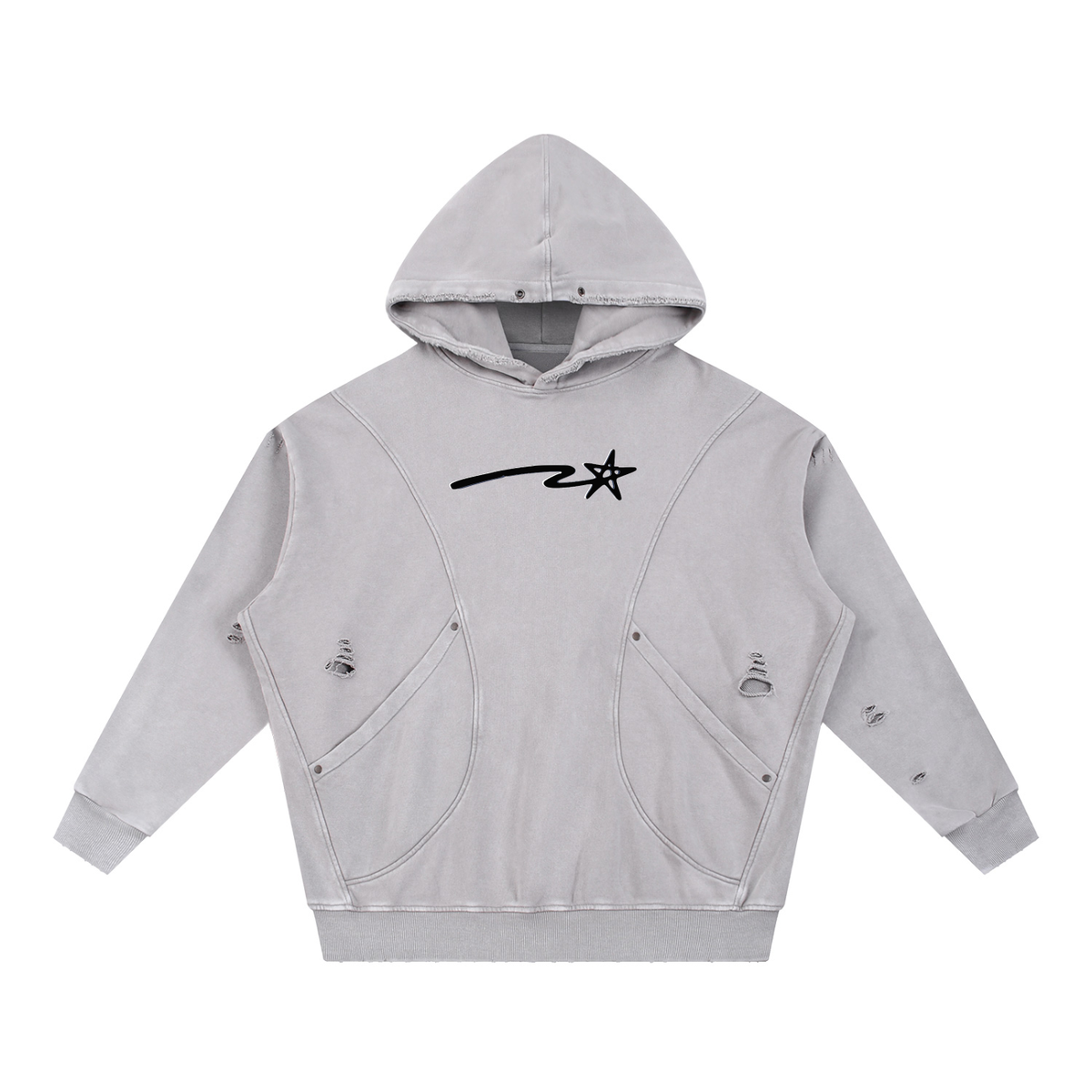 Snow Washed Distressed Panel Pocket Hoodie