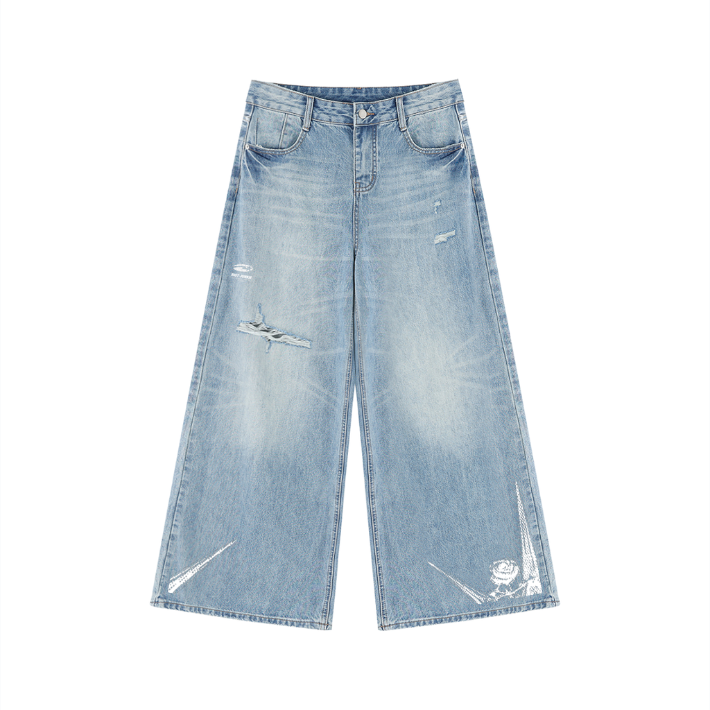 Women's Vintage Wash Distressed Wide Leg Jeans