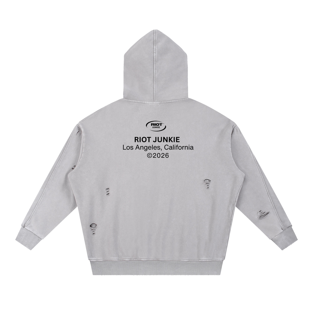 Snow Washed Distressed Panel Pocket Hoodie