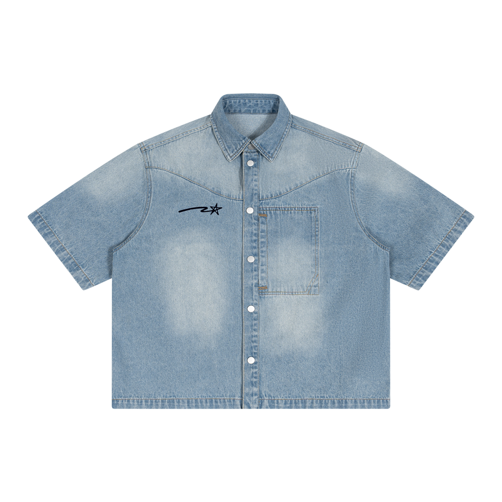 Unisex Vintage Wash Boxy Short Denim Shirt